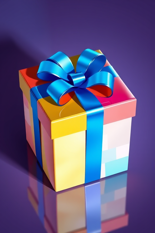 create a high-resolution digital illustration of a colorful gift box with a shiny blue ribbon, soft studio lighting, 50mm lens, f/2.8 aperture, capturing vibrant colors and reflections, with a slight overhead angle for depth