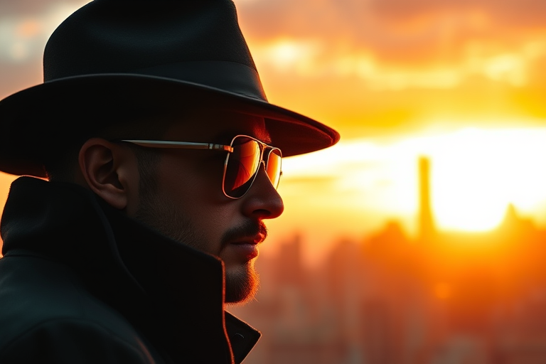 Create a high-resolution digital artwork of a mysterious figure wearing a fedora and sunglasses, set against a vibrant city skyline at sunset, using a Canon EOS R5, 50mm lens, f/1.8 aperture, ISO 100, shot from a low angle with a cinematic style.