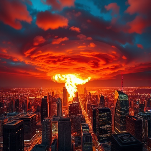 dramatic cityscape with a massive explosion in the sky, intense colors and contrasts, 24mm lens, f/8 aperture, ISO 200, long exposure for light trails, panoramic view, captured with a DSLR camera