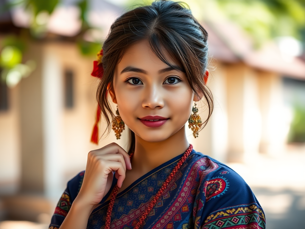 photograph a young woman wearing traditional attire with a confident pose, natural outdoor lighting, aperture f/2.8, ISO 100, shutter speed 1/200, portrait view, DSLR camera, shallow depth of field, vibrant colors, soft background blur