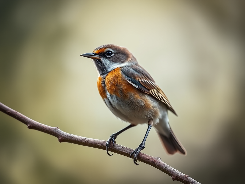 capture a close-up of a bird on a branch with a shallow depth of field, using a Canon EOS 90D with a 300mm lens at f/4, ISO 400, 1/200s, natural light, soft bokeh background