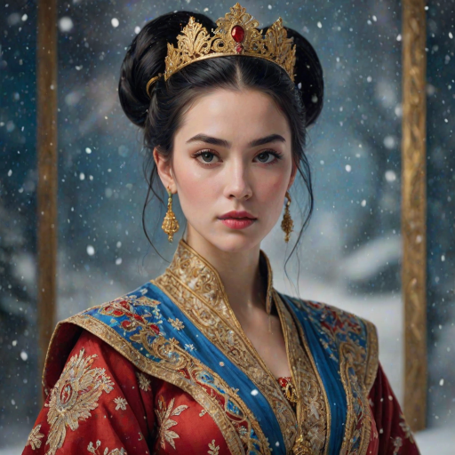 A young woman with long black hair styled in a high bun, adorned with a gold crown and intricate hair ornaments, stares intently at the viewer. She wears a vibrant red and gold embroidered robe with blue accents, a gold belt with a large ornate buckle, and a blue and gold shoulder piece. The woman is positioned in the center of the frame, with the background blurred and filled with falling snow. The image has a soft, ethereal feel with a focus on the woman's face and attire, creating a portrait-like composition. The colors are rich and saturated, with the red, gold, and blue of the clothing standing out against the muted blue and white of the snowy backdrop. The lighting is soft and diffused, casting a warm glow on the woman's face.  The overall mood is elegant and mysterious.  The details of the woman's attire, especially the intricate embroidery and embellishments, add a sense of opulence and grandeur.  The falling snow further enhances the sense of winter magic and wonder.