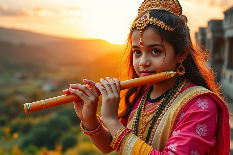 Create a vibrant image of a young deity playing a flute with a picturesque landscape, golden sunset, and lush greenery in the background, using a DSLR camera, 50mm lens, f/1.8 aperture, ISO 100, soft natural lighting, and a low angle view to enhance the serene expression and details in the attire.