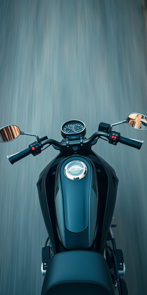 Shot of a motorcyclist riding a black motorcycle on a blurred background, using a DSLR camera, 1/1000s shutter speed, f/4 aperture, ISO 400, top-down angle, focus on the motorcycle with motion blur effect.