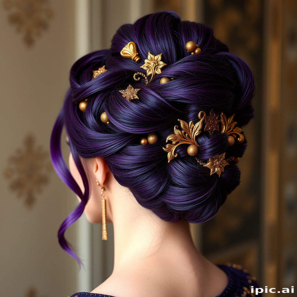 Regal amethyst purple hair styled in an elaborate renaissance-inspired updo with golden filigree accents, exuding majestic elegance named Royal Byzantium