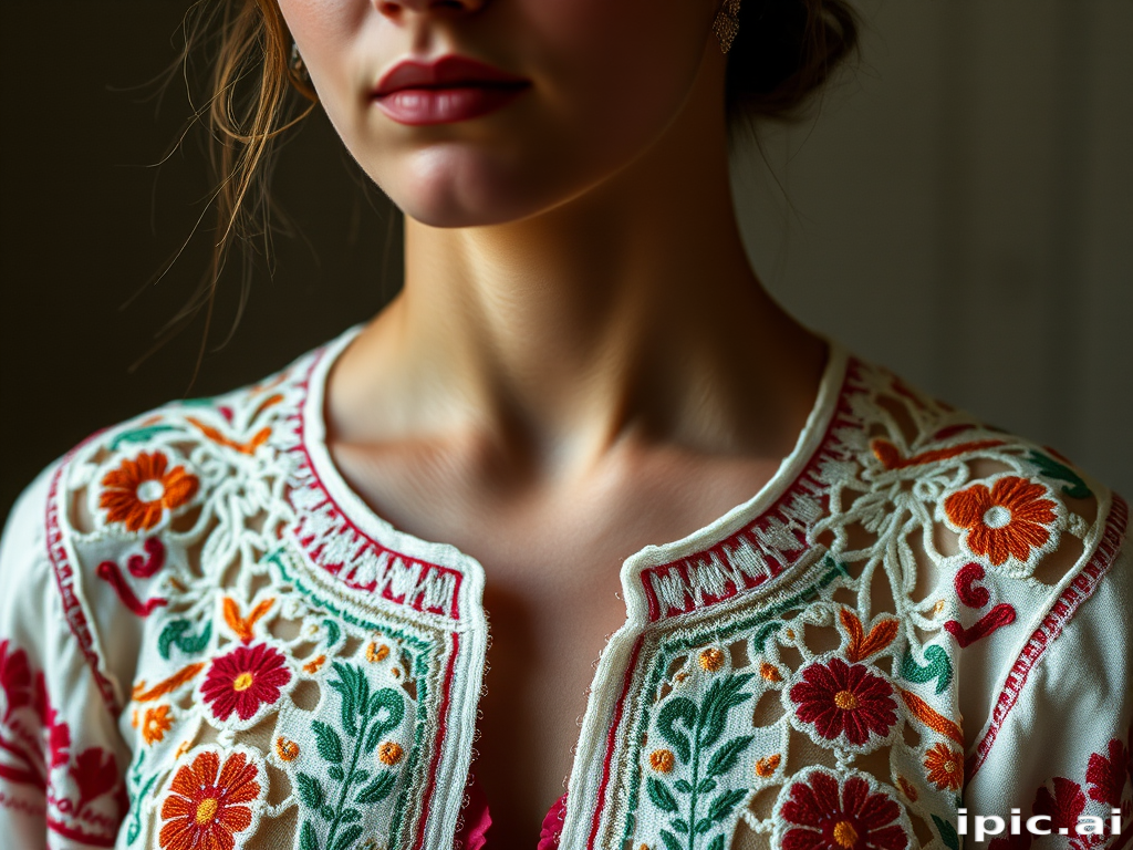 Face, shoulders, chest covered in openwork Ukrainian embroidery. Raw, unedited image.