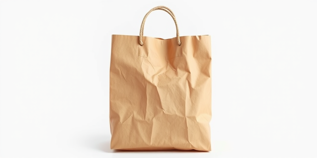 Create a high-resolution image of a crumpled brown paper shopping bag with two handles, shot with a Canon EOS R5, 50mm lens, aperture f/2.8, ISO 100, natural lighting, front view, with a clean white background to enhance visibility and detail.
