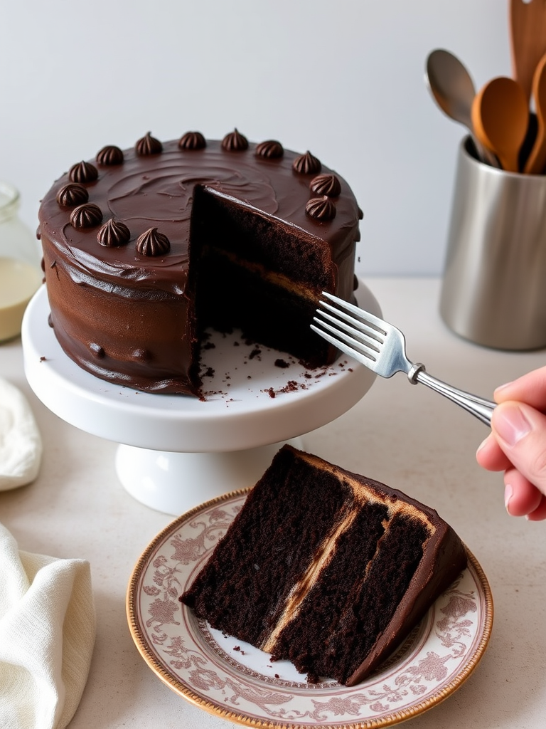 A delicious chocolate cake on a white pedestal with a slice removed, revealing rich layers, a hand holding a fork ready to take a bite, the slice on a decorative plate with intricate patterns, a soft background with kitchen utensils.