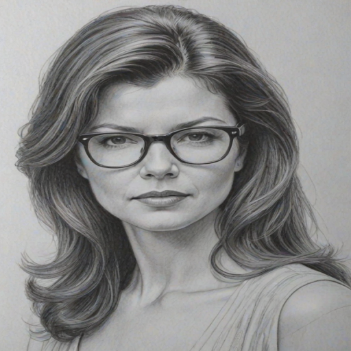 Sublime Daphne Zuniga, pencil sketch, portrait of Dazzling woman 1977s in glasses, hair style beatnik, outline, clear lines, fine lines, 8k