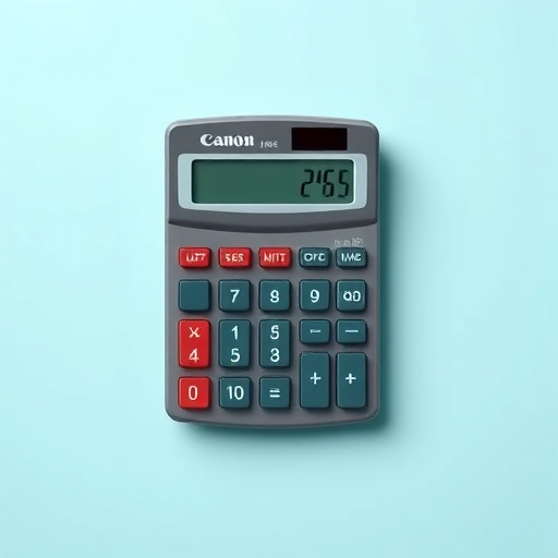 Create a high-resolution digital illustration of a calculator viewed from a top-down perspective, utilizing a Canon EOS R5 camera, aperture set to f/4 for a sharp focus, shutter speed of 1/200s to capture clear detail, and ISO 100 for optimal image quality, with vibrant colors and smooth shadows.