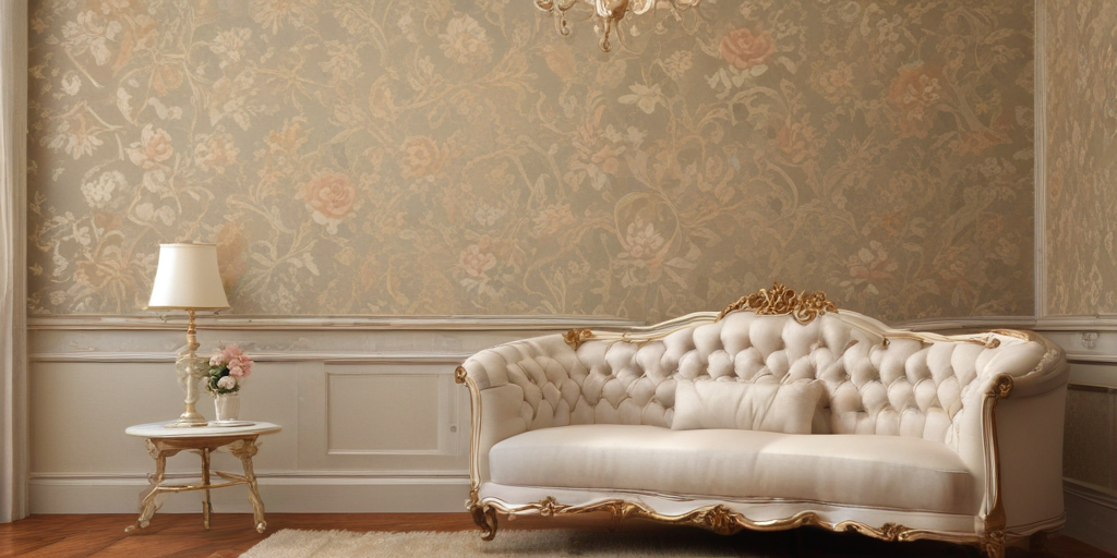 Elegant Living Room with Vintage White Sofa and Floral Wallpaper Design