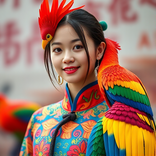 A beautiful Taiwanese girl, wearing colorful bird clothing with vibrant colors