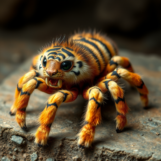 This charming yet frightening Spider Tiger features six legs, a hairy, furry body, and a cat-like tiger physique combined with an insectoid tiger head and tiger legs. The furry head further adds to the creature's unique appearance, creating a captivating blend of cuteness and fear that makes this six-legged, furry, insect-inspired tiger both adorable and scary.