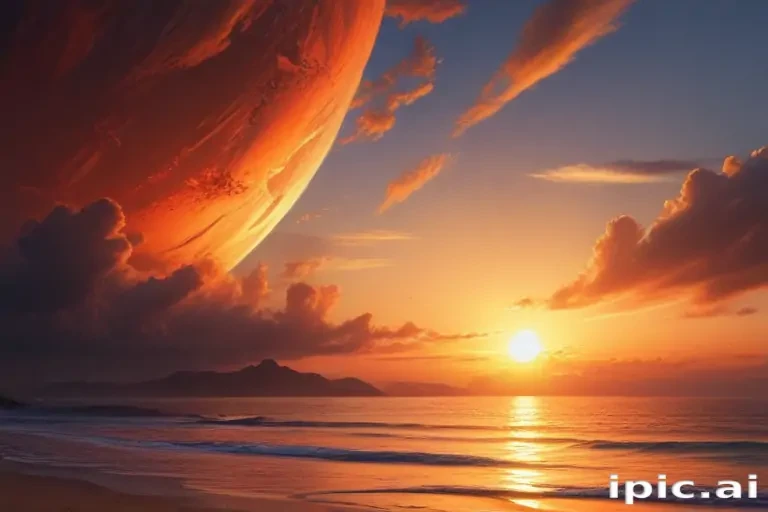 A Breathtaking Sunset Over an Alien Beach with a Massive Planet Above