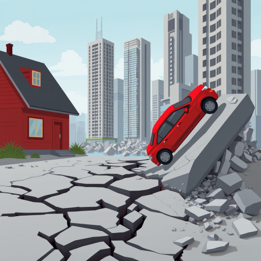 Create an illustration of an earthquake scene featuring a red house on the left with cracks in the ground and a modern cityscape with tall gray buildings crumbling on the right, include a red car precariously positioned on a tilted surface, use digital art style, simulation camera type, set aperture to f/8 for depth of field, focal length 35mm for a balanced perspective, and adjust ISO to 100 for clarity and low noise.