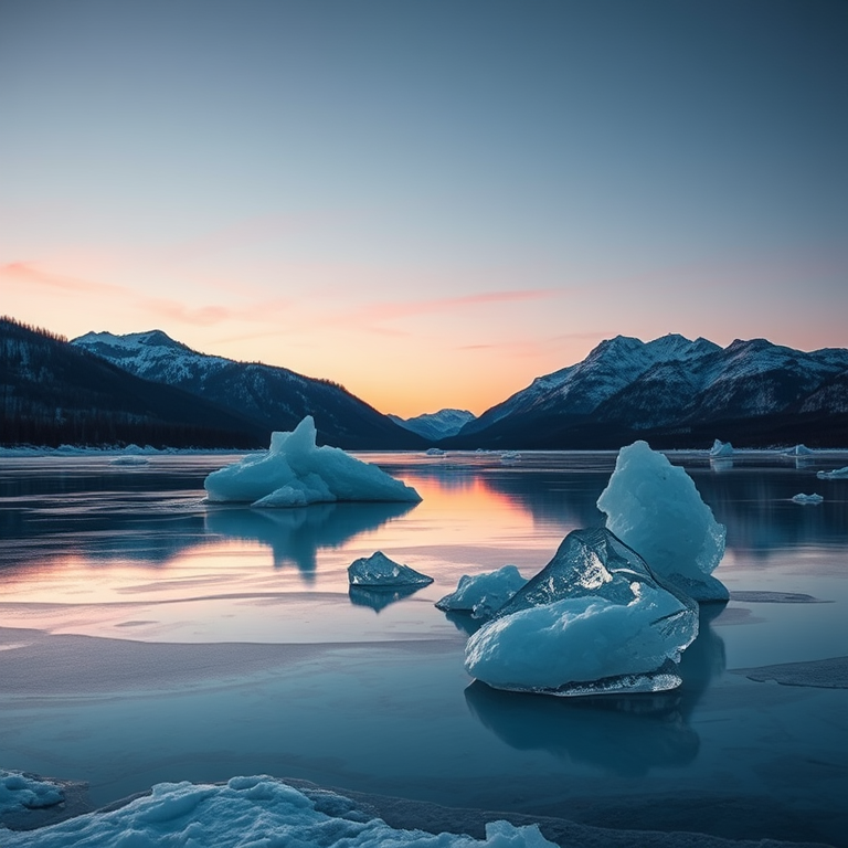 capture a serene frozen lake at twilight with icy formations in the foreground and mountains in the background, use a Canon EOS R with a 24mm lens, aperture f/8, ISO 100, shutter speed 1/60s, shot in landscape orientation to enhance details and color depth