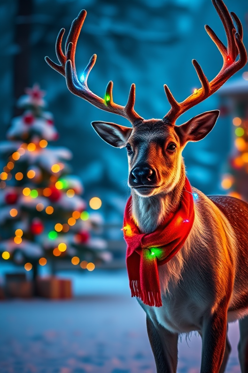 A majestic reindeer adorned with colorful lights and a festive red scarf, standing in a snowy landscape with a decorated Christmas tree and glowing ornaments in a cozy setting, captured with a DSLR camera at f/2.8 aperture, ISO 100, 50mm lens, shallow depth of field, warm lighting.