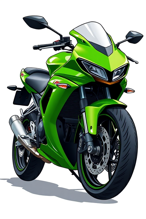 Create a high-resolution illustration of a green motorcycle with a dynamic angled view, using a DSLR camera with a 50mm lens, f/2.8 aperture, ISO 100, and a natural light setting to enhance details and contrast.