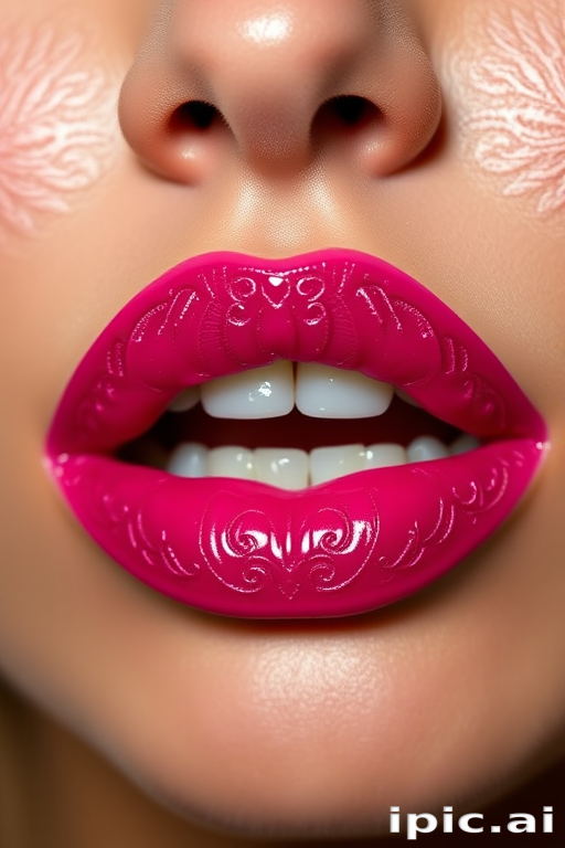 Bright fuchsia lips with intricate lace patterns, dubbed "Raspberry Rendezvous," make a bold statement with a glossy finish and subtle shimmer for romantic date nights