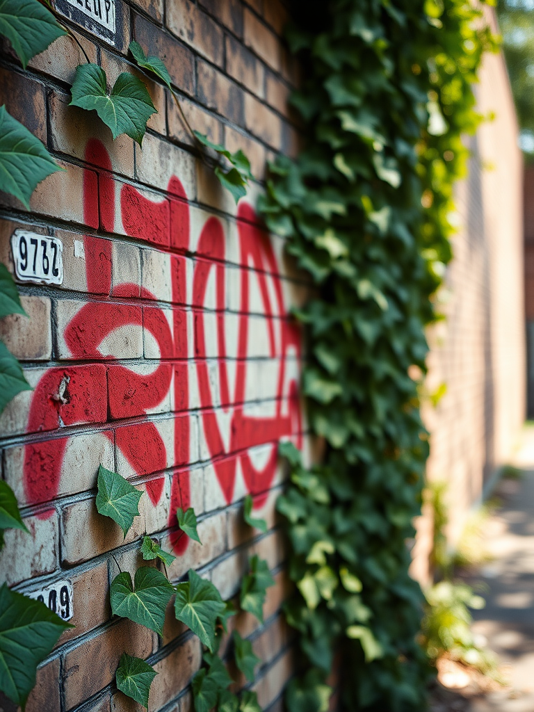 Regenerate the image of a weathered red graffiti design on a brick wall with green ivy surrounding it, captured with a DSLR camera using a 50mm lens, aperture f/5.6, ISO 200, with a shallow depth of field for a slightly blurred background and natural sunlight illuminating the scene.