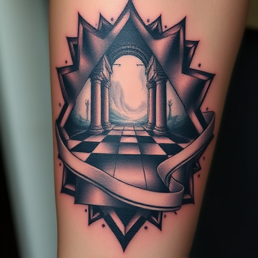 Surrealist optical illusion tattoo creating the appearance of a three-dimensional portal on the skin, with hyper-realistic depth and shading techniques for a mind-bending visual experience