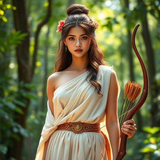 Create a portrait of a goddess-like Indonesian girl figure in a tranquil, forested environment. She has an elegant appearance with long, wavy hair styled in an updo and adorned with a delicate, floral headband. She wears a flowing, ancient Greek-inspired gown in a soft, pale color, featuring a one-shoulder design and draped fabric that accentuates her graceful form. The outfit includes a decorative belt with ornate gold detailing, and she holds a bow in her hand, with a quiver of arrows slung over her shoulder. The background depicts lush greenery, with sunlight filtering through the trees, casting a gentle, ethereal light on the scene. Her expression is calm and contemplative, embodying a sense of wisdom and serenity.