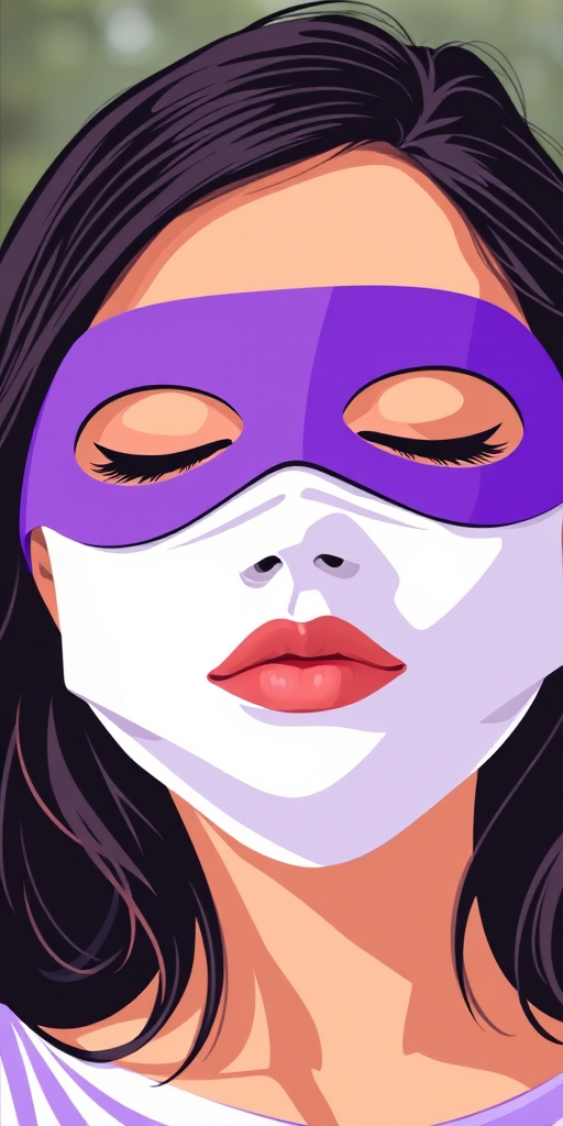 Create a stylized vector illustration of a woman with closed eyes wearing a purple mask, shot with a 50mm lens at f/2.8 for shallow depth of field, natural lighting, taken from a front view, using a digital art camera for high detail and vibrant colors.