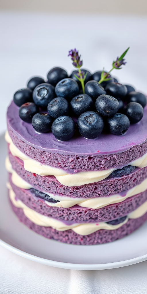 A beautifully crafted cake with layers of purple and creamy textures topped with fresh blueberries and a sprig of lavender, elegantly displayed on a white plate with a soft background.