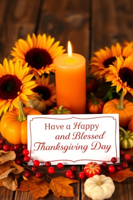Create an image of a warm Thanksgiving scene featuring a lit orange candle surrounded by sunflowers, small pumpkins, red berries, and autumn leaves. Include a white card with elegant text that reads Have a Happy and Blessed Thanksgiving Day. The background should have a cozy, rustic wooden table setting.