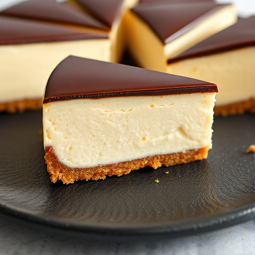 A slice of creamy cheesecake with a smooth chocolate ganache topping displayed on a textured black plate with more slices arranged around it. The cheesecake has a rich, fluffy texture and a golden crust. The background is softly blurred to emphasize the dessert.