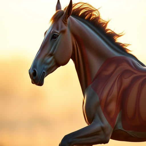 Create a highly detailed illustration of a muscular horse in motion, showcasing its anatomy, with a soft golden background, using a Canon EOS R5 camera, 50mm lens at f/1.8, ISO 100, natural lighting, and a slight tilt-shift effect for depth.