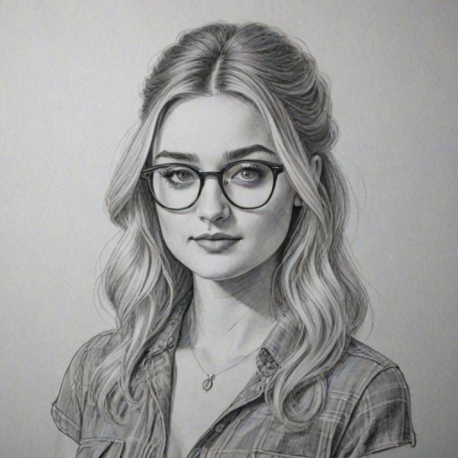 Attractive AJ Michalka, pencil sketch, portrait of Graceful woman 1969s in glasses, hair style beatnik, outline, clear lines, fine lines, 8k