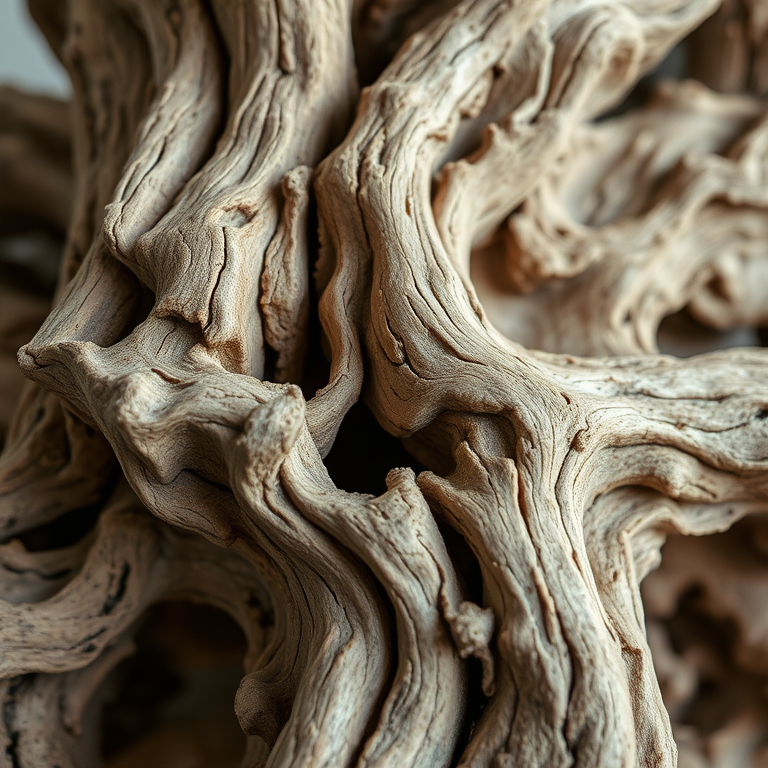 regenerate a close-up of a weathered driftwood sculpture with intricate textures and patterns, natural earthy tones, soft diffused lighting, shallow depth of field, taken with a DSLR camera at f/2.8, 50mm lens, ISO 100, and a slight tilt to capture the angles of the wood.