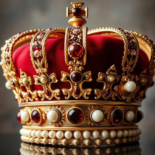 Regenerate the image of a royal crown with intricate details, featuring gold and red elements, enhanced with pearls and jewels, in high resolution, using a DSLR camera, 50mm lens, f/1.8 aperture, ISO 100, natural lighting, shallow depth of field for a soft background.