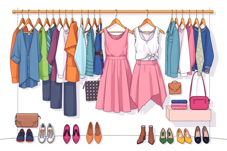 Create a high-resolution illustration of a stylish wardrobe with various clothing items including a blue top, a pink skirt, and accessories, captured with a DSLR camera at f/2.8 aperture, ISO 100, 50mm lens, in a well-lit setting focusing on soft shadows and vibrant colors.