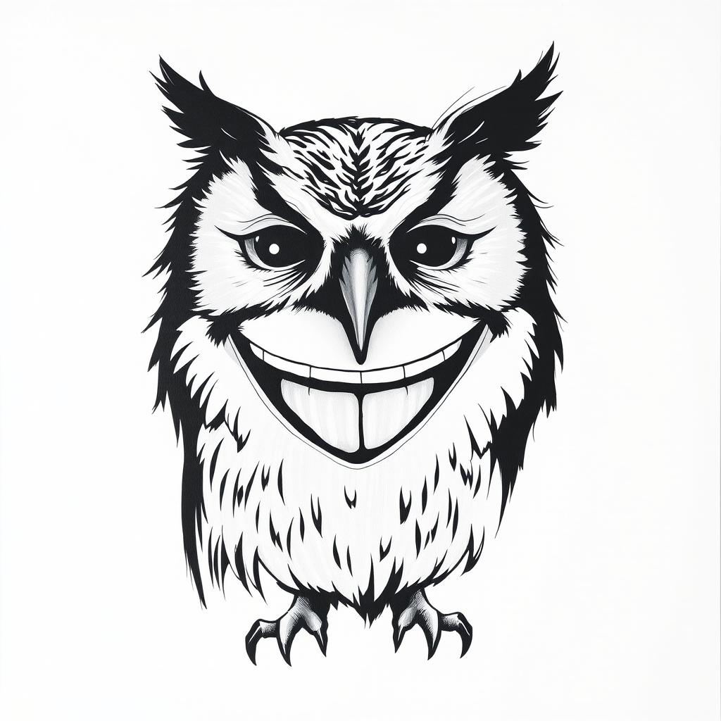 Abstract black and white acrylic portrait of an over exaggerated laughing (owl). Minimalism style. White background.