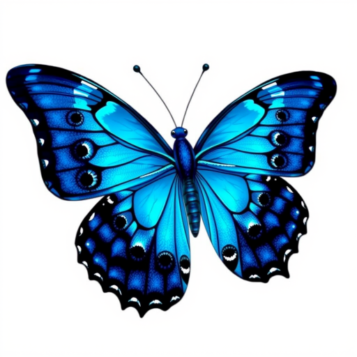 Generate an image of a vibrant blue butterfly with intricate black patterns and white dots on its wings. The butterfly should have elongated wings, showcasing a gradient of blue shades, and delicate antennae. The background should be simple to emphasize the butterfly's vivid colors.