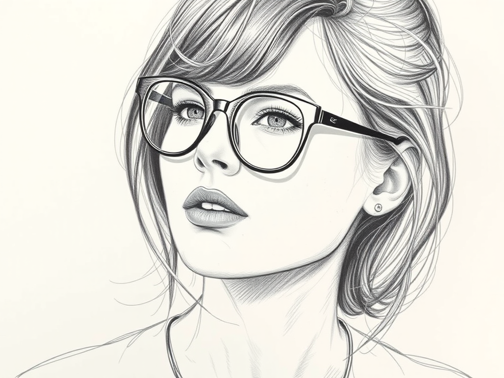 Beautiful Rooney Mara, pencil sketch, portrait of beautiful woman 60s in glasses, hair style beatnik, outline, clear lines, fine lines, 8k