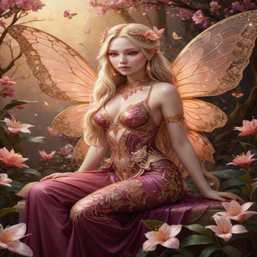 A digital artwork features a winged fairy with delicate Salmon butterfly wings, adorned with intricate Beige andMahogany patterns. She is seated on a vibrant Plum flower, wearing a revealing red two-piece outfit with sparkling beadwork. Her fair skin, long blonde hair, and gold jewelry add to her ethereal appearance. The background is a warm, golden gradient, creating a magical atmosphere. Small glowing orbs and sparkles surround the flower, enhancing the enchanting, highly detailed, and realistic scene.