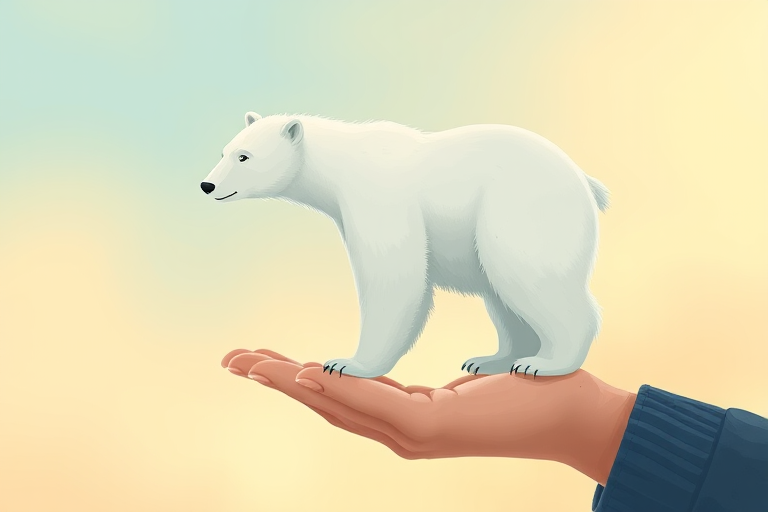 Create a whimsical illustration of a polar bear standing on a human hand, with a pastel gradient background of soft blues and yellows, using a DSLR camera with a f/2.8 aperture, a 50mm lens, and a shallow depth of field for enhanced detail and focus.