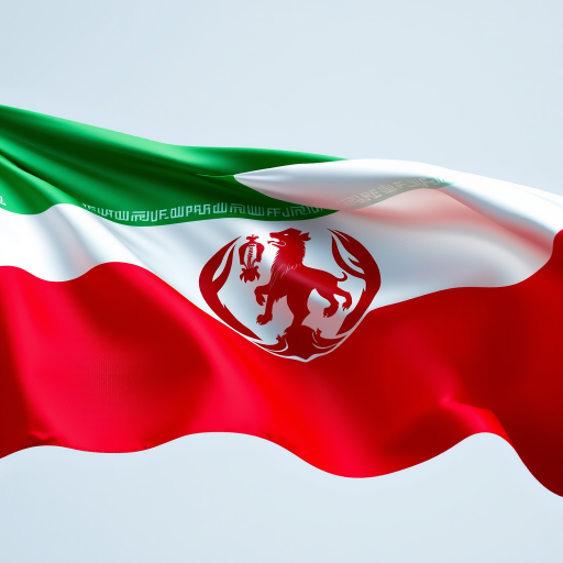 Create a high-resolution image of a waving Persian flag featuring a lion and sun emblem, captured with a Canon EOS 5D Mark IV, 50mm lens, aperture f/2.8, ISO 100, front view, soft lighting, focus on texture and color vibrancy.