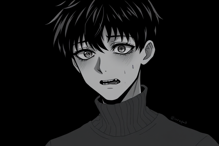 tsurime, 1boy, black background, crying, crying with eyes open, greyscale, looking down, male focus, monochrome, parted lips, portrait, shirt, short hair, simple background, solo, sweat, tears, teeth, turtleneck, turtleneck sweater