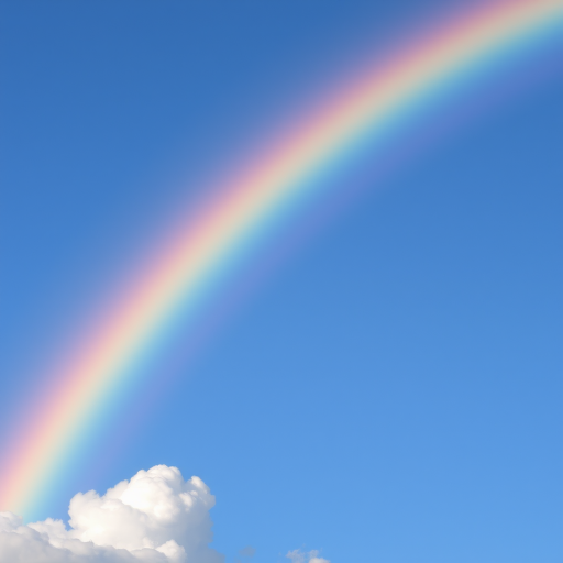 Create a vibrant rainbow arching across a clear blue sky with fluffy white clouds at the bottom, using a DSLR camera with a 50mm lens, aperture set to f/2.8, ISO 100, and a soft focus effect for depth.