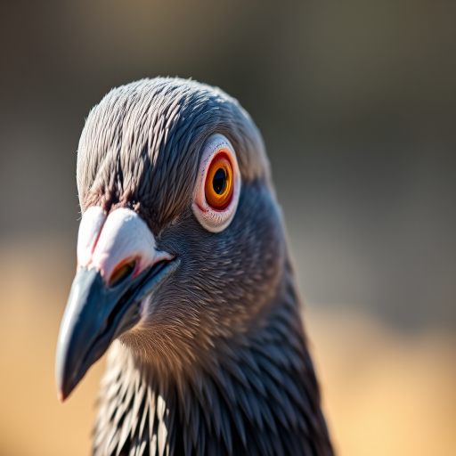 Close-up shot of a pigeon head with detailed textures and soft natural lighting, camera settings: f/2.8 aperture, 1/250 shutter speed, ISO 100, camera view: macro, camera style: vibrant colors, camera type: DSLR.