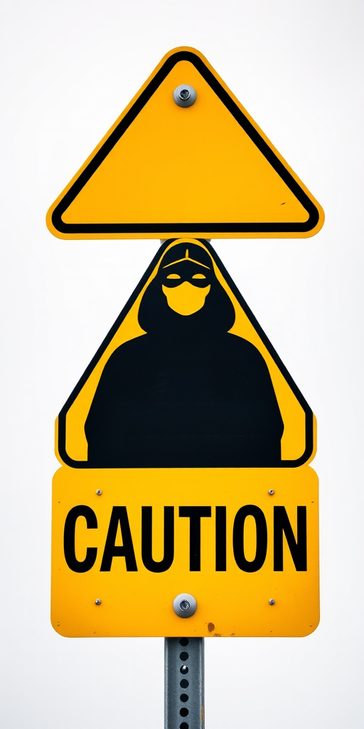 Create an image of a yellow caution sign featuring a silhouetted figure wearing a mask, shot with a DSLR camera at f/8 aperture, 1/250 shutter speed, ISO 100, in a straight-on view, using a high-resolution graphic style for clarity.