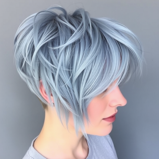 Dusty blue textured crop, expertly shaped by "Cloud Nine" stylists, showcasing a short, piecey cut with lots of volume on top, gradually fading to a pale, sky blue at the ends, creating a soft, dreamy look reminiscent of a hazy summer sky.