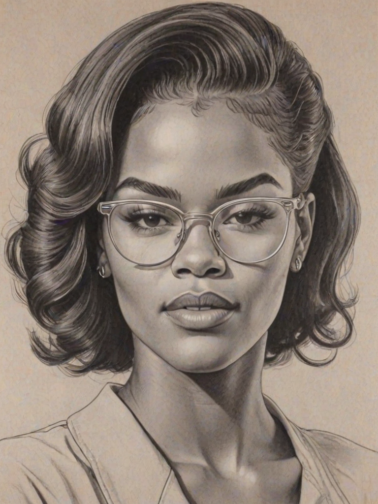 Gorgeous Teyana Taylor, pencil sketch, portrait of Pleasing woman 1941s in glasses, hair style beatnik, outline, clear lines, fine lines, 8k