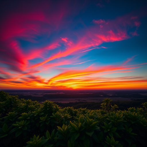 Create a vibrant sunset landscape with vivid colors, capturing the horizon with lush greenery in the foreground, shot using a Canon EOS R5, aperture f/8, ISO 100, shutter speed 1/200 sec, in landscape orientation, to enhance the image quality.