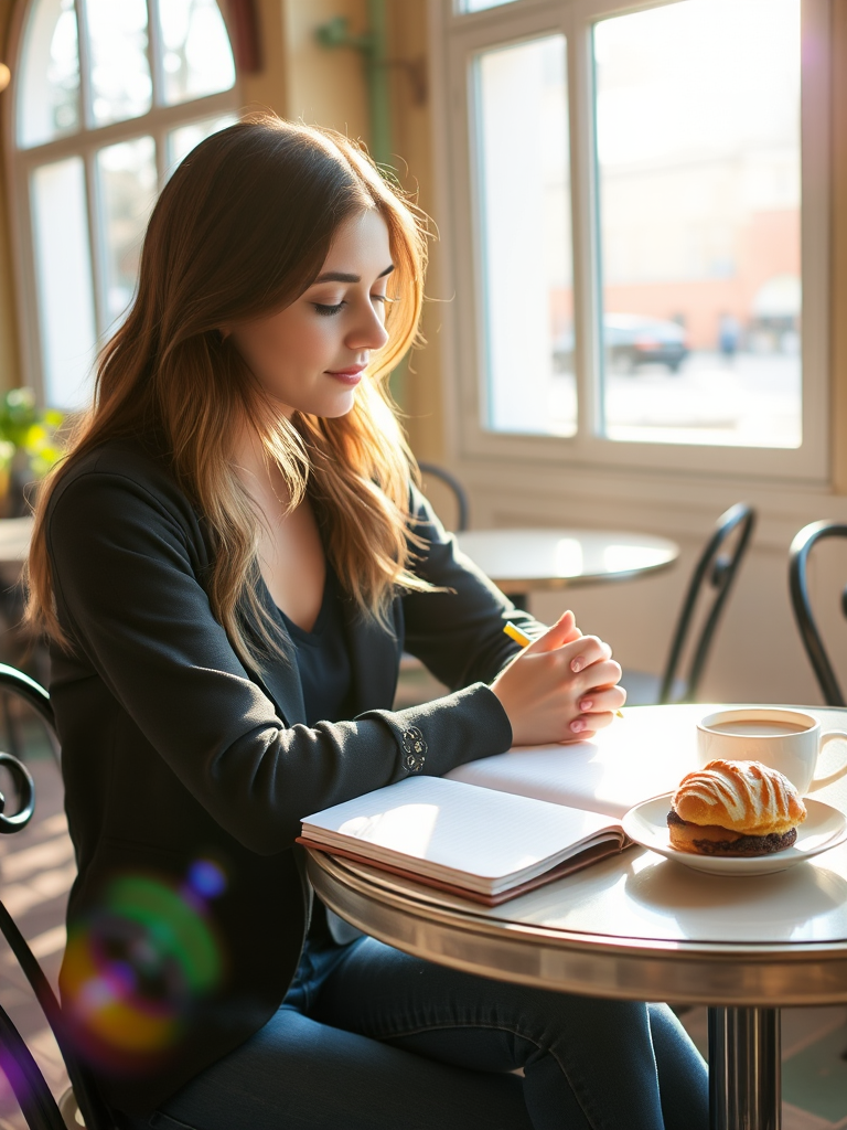 Warmly lit photo of a woman in her 20s, sitting at a charming cafetable, writing in her journal, with a delicious pastry and a cup of coffee beside her, sunlight streaming in.
