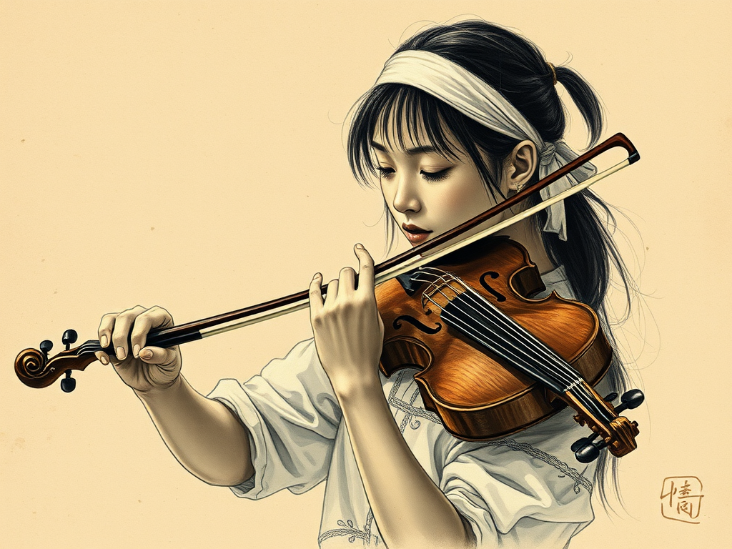 a young Ryukyuan woman with a white headband playing a violin, in the style of a charcoal drawing, sepia grunge background